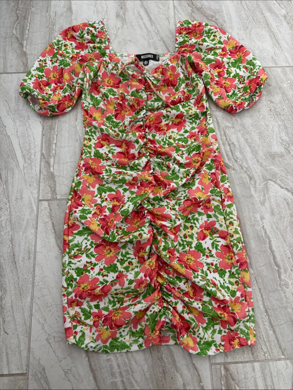 Missguided White Pink & Green Floral Ruched Puff-Sleeve Mini Dress